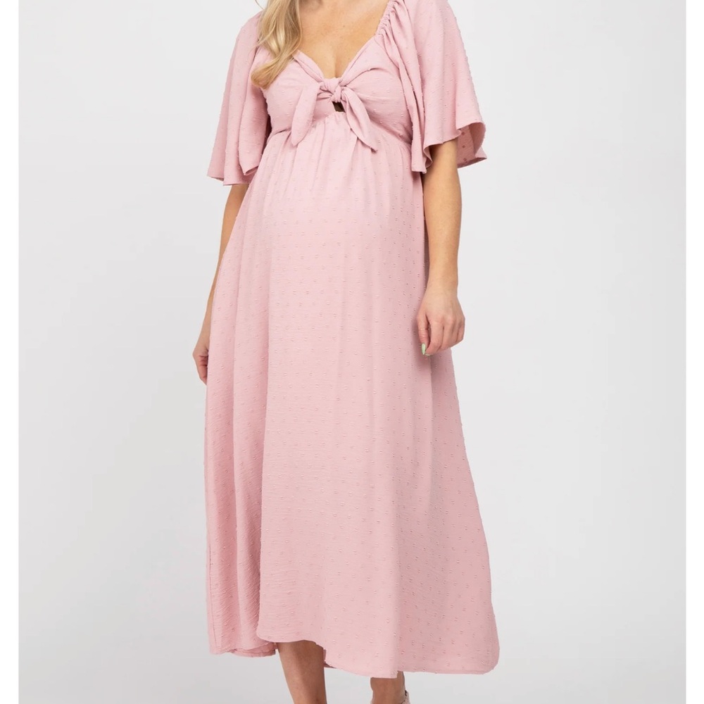 Pink blush Mauve Textured Dot Front Tie Ruffle Sleeve Maternity Midi Dress